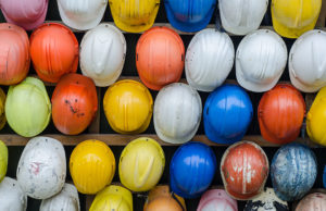 Hard Hats Hanging on a Wall
